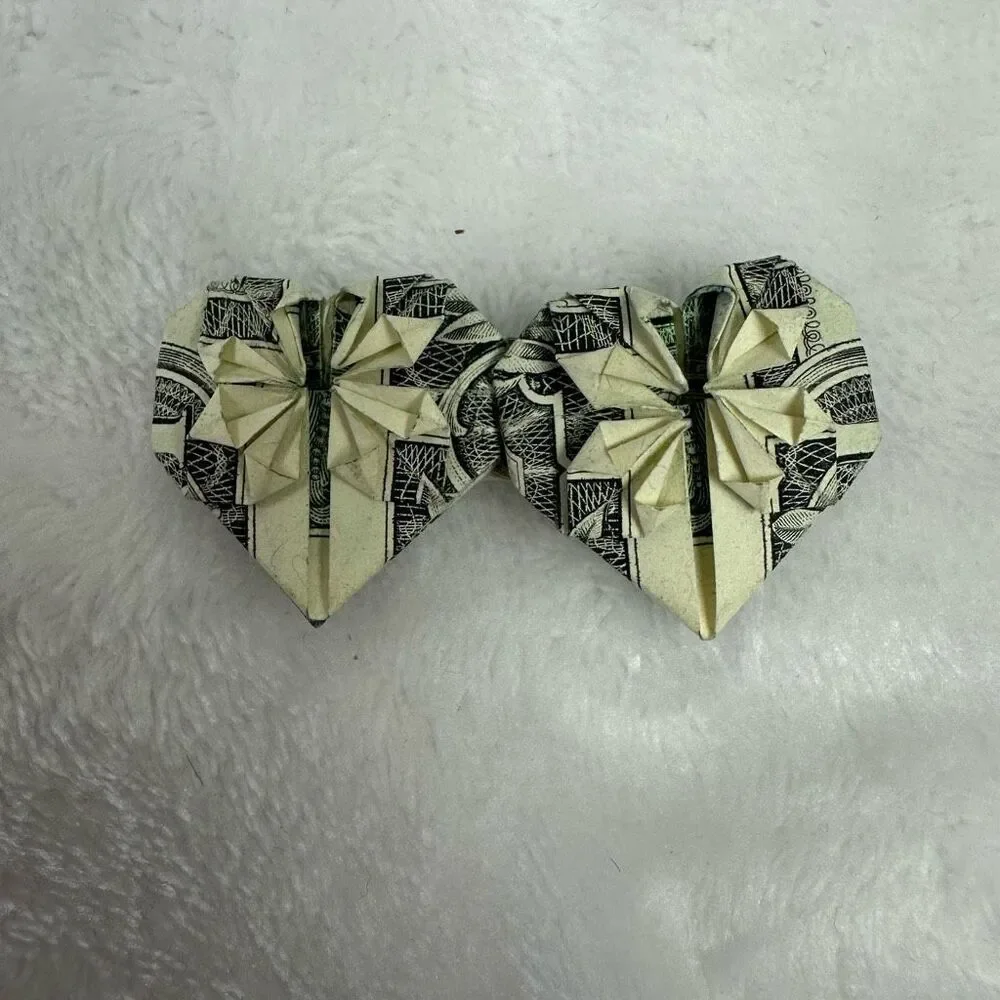 Origami Double Heart Dollar Bill Artsy Gift‎ Easter Basket Cute Hand Folded